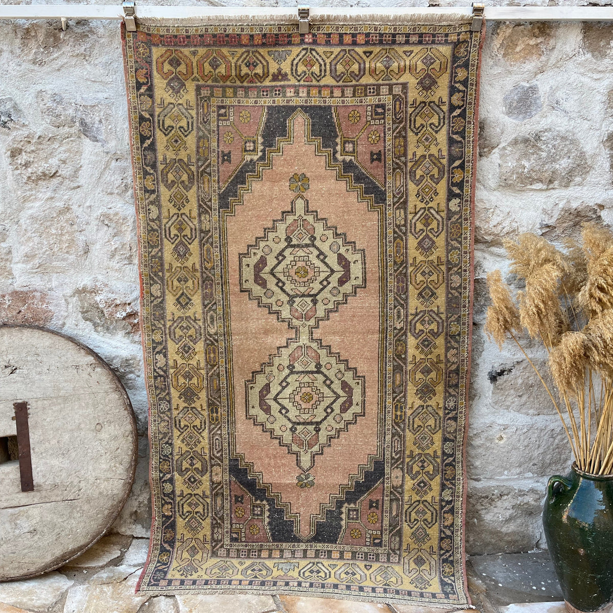 Yellow 4' x 7' vintage turkish rug with geometric design, handmade in Turkey – Dash.
