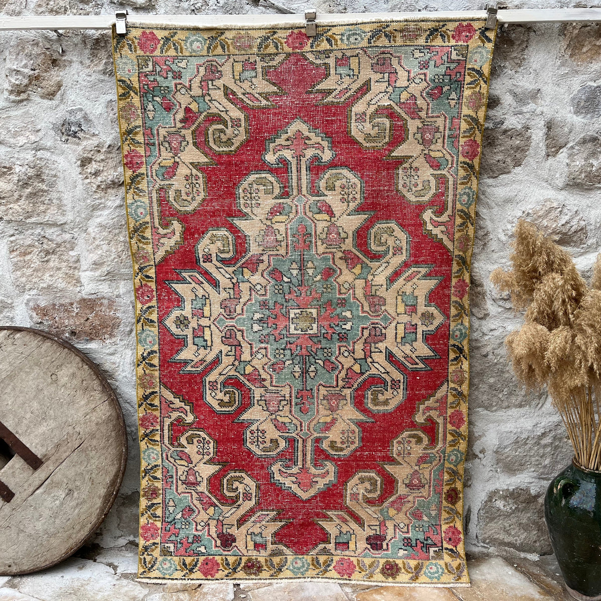 Yellow 4' x 7' vintage turkish rug with geometric design, handmade in Turkey – Dawud.