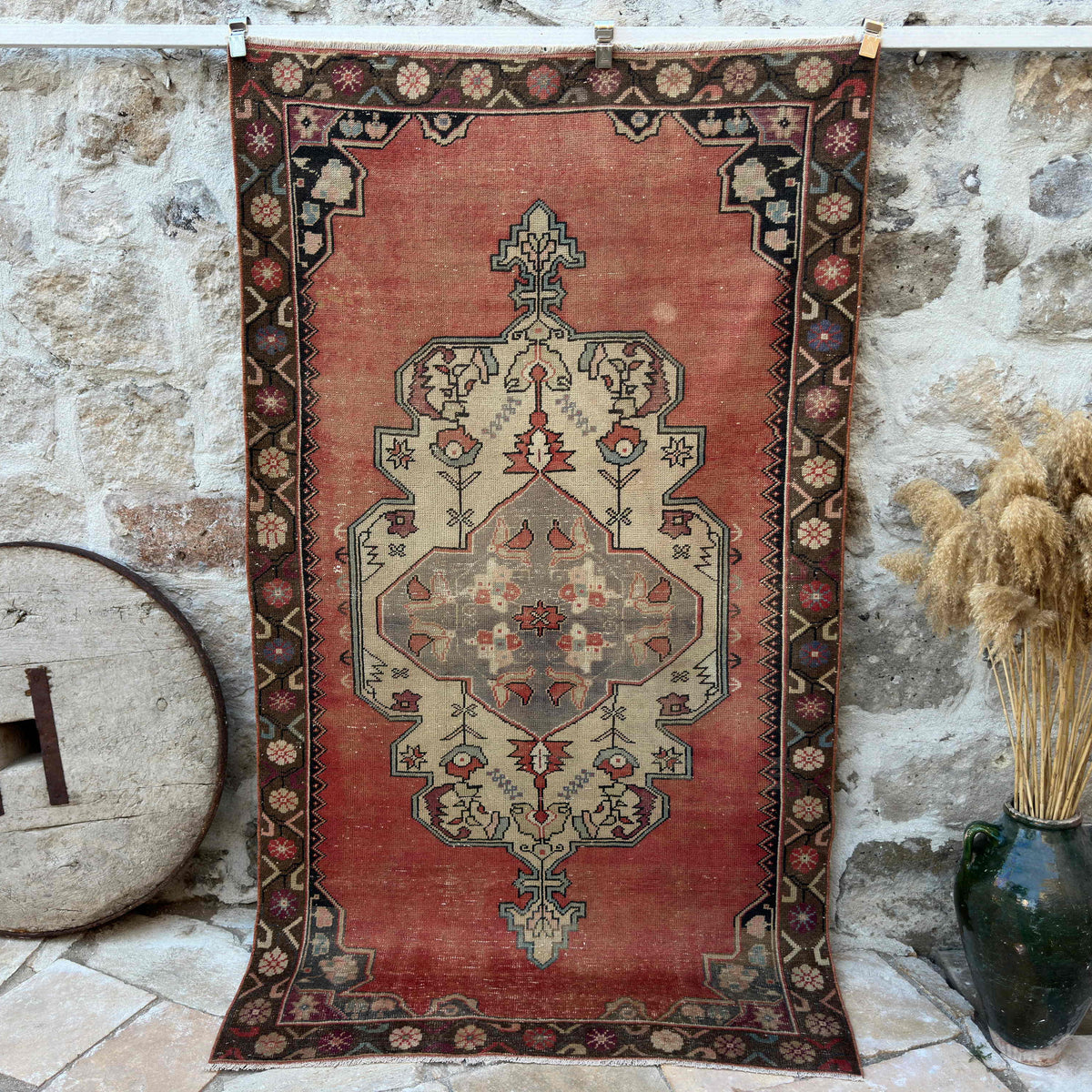Pale Red 4' x 8' vintage turkish rug with medallion design, handmade in Turkey – Colten.