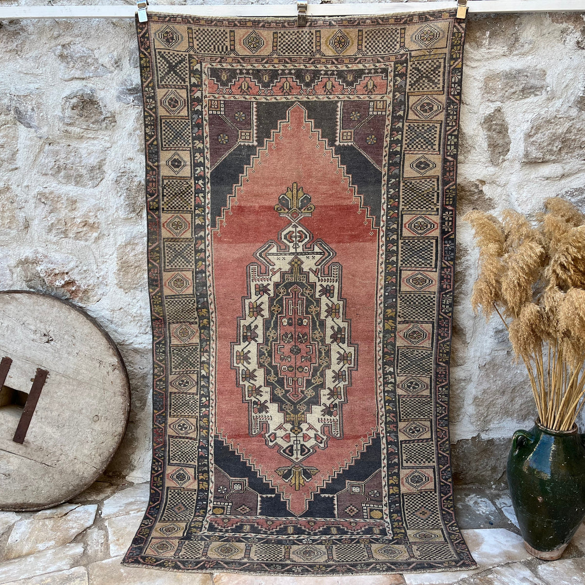 Pale Red 4' x 8' vintage turkish rug with traditional design, handmade in Turkey – Franco.