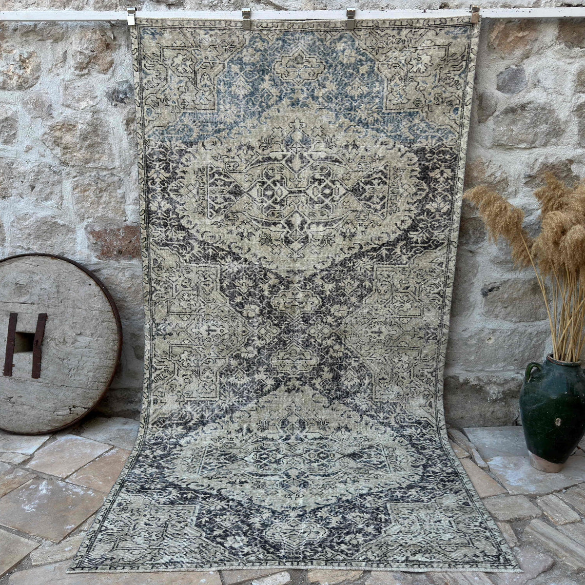 Black 5' x 10' vintage turkish rug with neutral design, handmade in Turkey – Tilden.