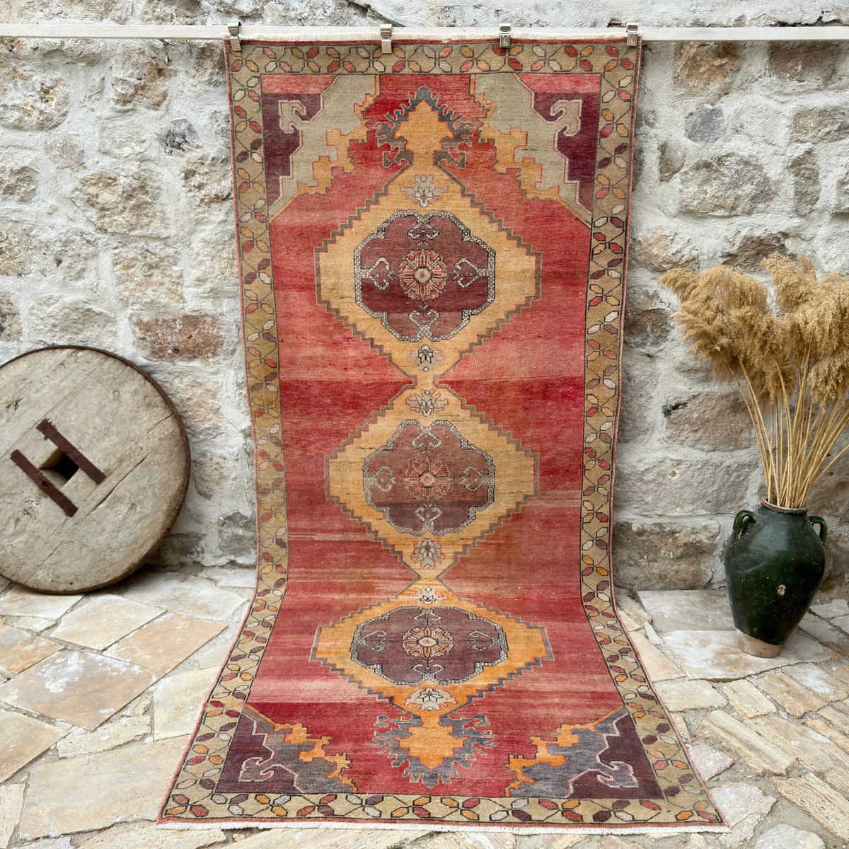 Red 5' x 11' vintage turkish rug with traditional design, handmade in Turkey – Christian.