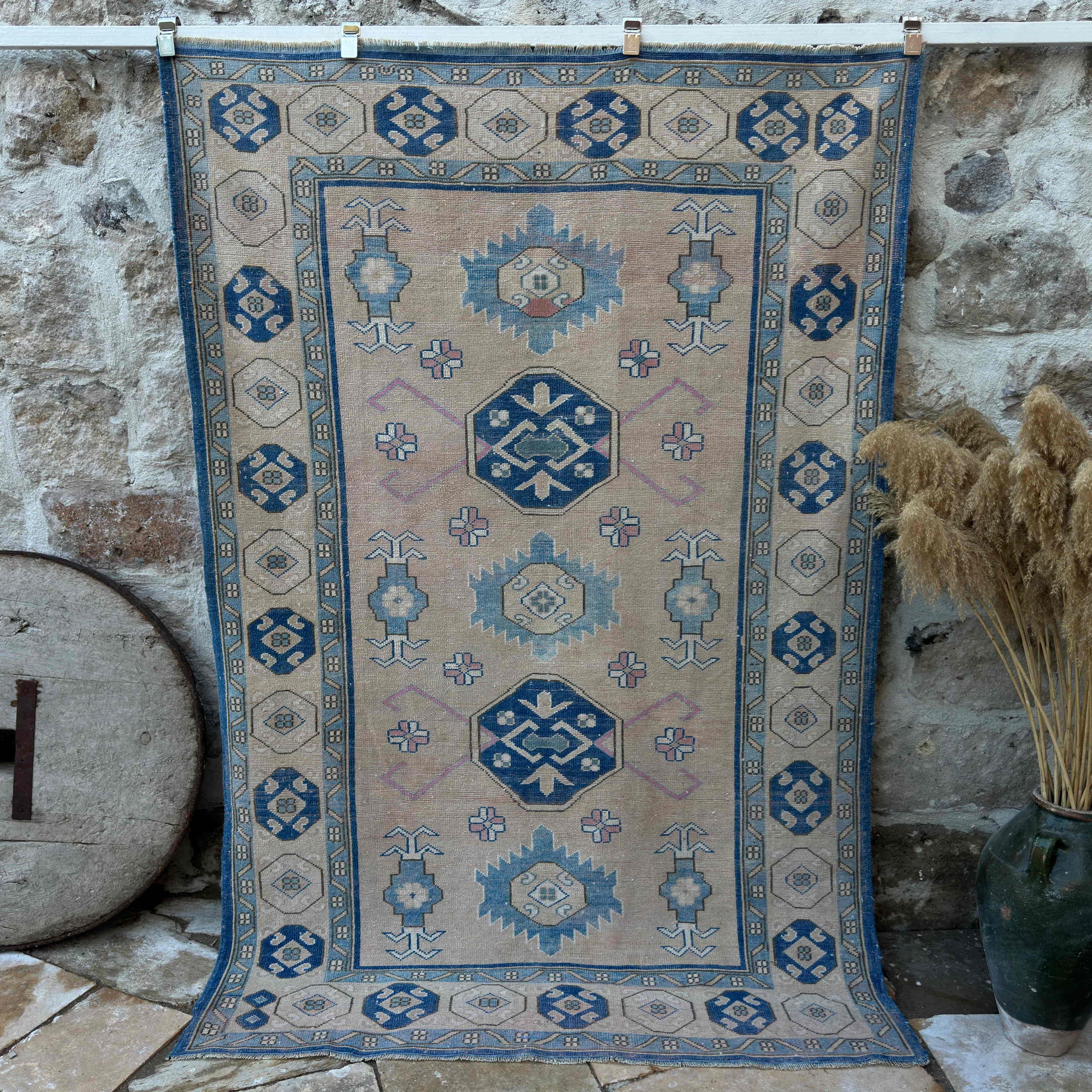 Blue 5' x 8' vintage turkish rug with traditional design, handmade in Turkey – Kelton.