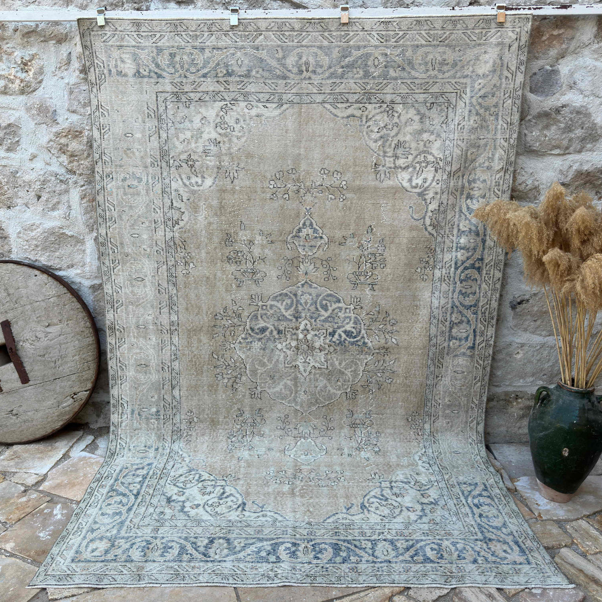 Blue 6' x 10' vintage turkish rug with medallion design, handmade in Turkey – Manny.
