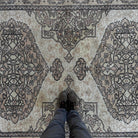 1970s brown vintage turkish rug with traditional design, hand-knotted weave and low pile.