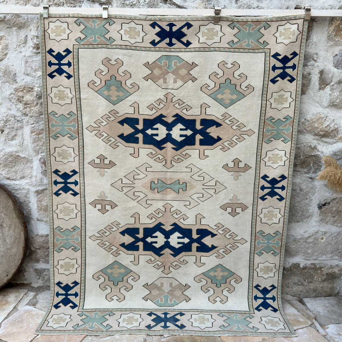 Blue 6' x 8' vintage turkish rug with traditional design, handmade in Turkey – Ida.