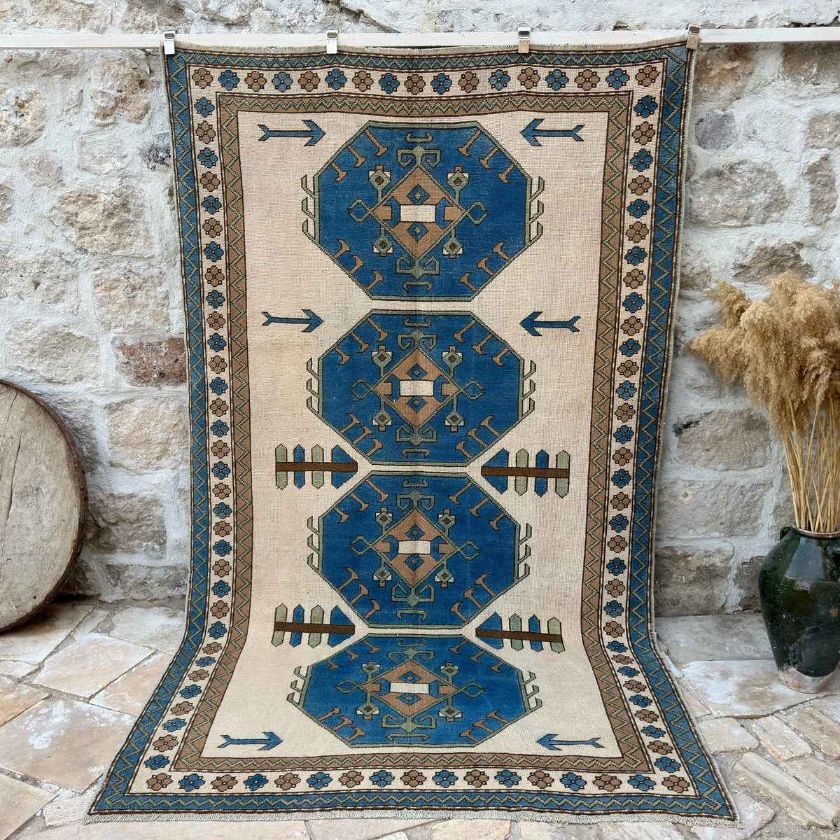 Blue 6' x 9' vintage turkish rug with traditional design, handmade in Turkey – Crane.