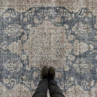 1970s blue vintage turkish rug with medallion design, hand-knotted weave and low pile.