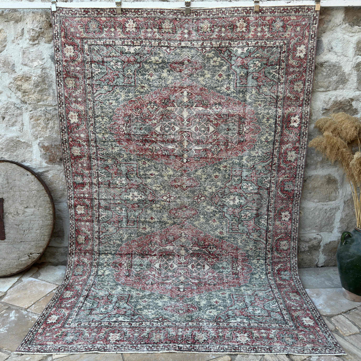 Green 6' x 9' vintage turkish rug with traditional design, handmade in Turkey – Kieran.