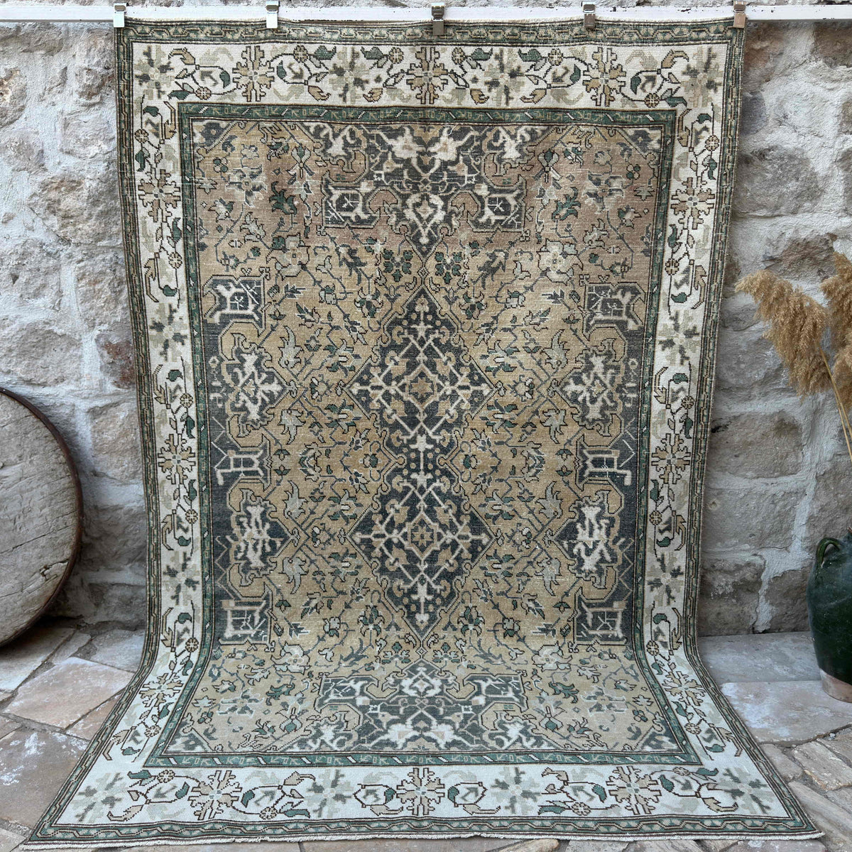 Yellow 6' x 9' vintage turkish rug with traditional design, handmade in Turkey – Everard.