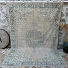 Blue 7' x 10' vintage turkish rug with neutral design, handmade in Turkey – Florence.
