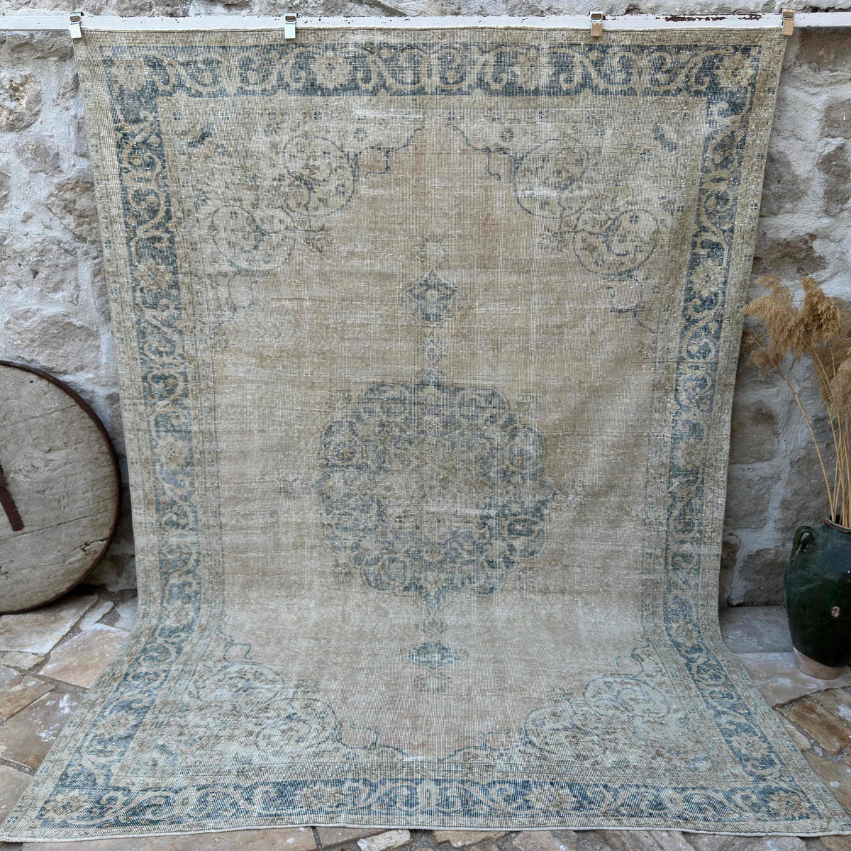 Blue 7' x 10' vintage turkish rug with neutral design, handmade in Turkey – Florence.