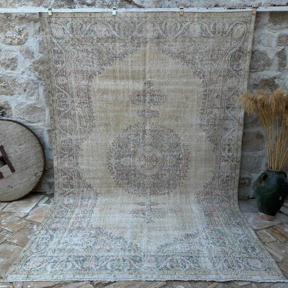 Blue 7' x 10' vintage turkish rug with medallion design, handmade in Turkey – Nala.
