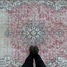 1970s beige vintage turkish rug with medallion design, hand-knotted weave and low pile.