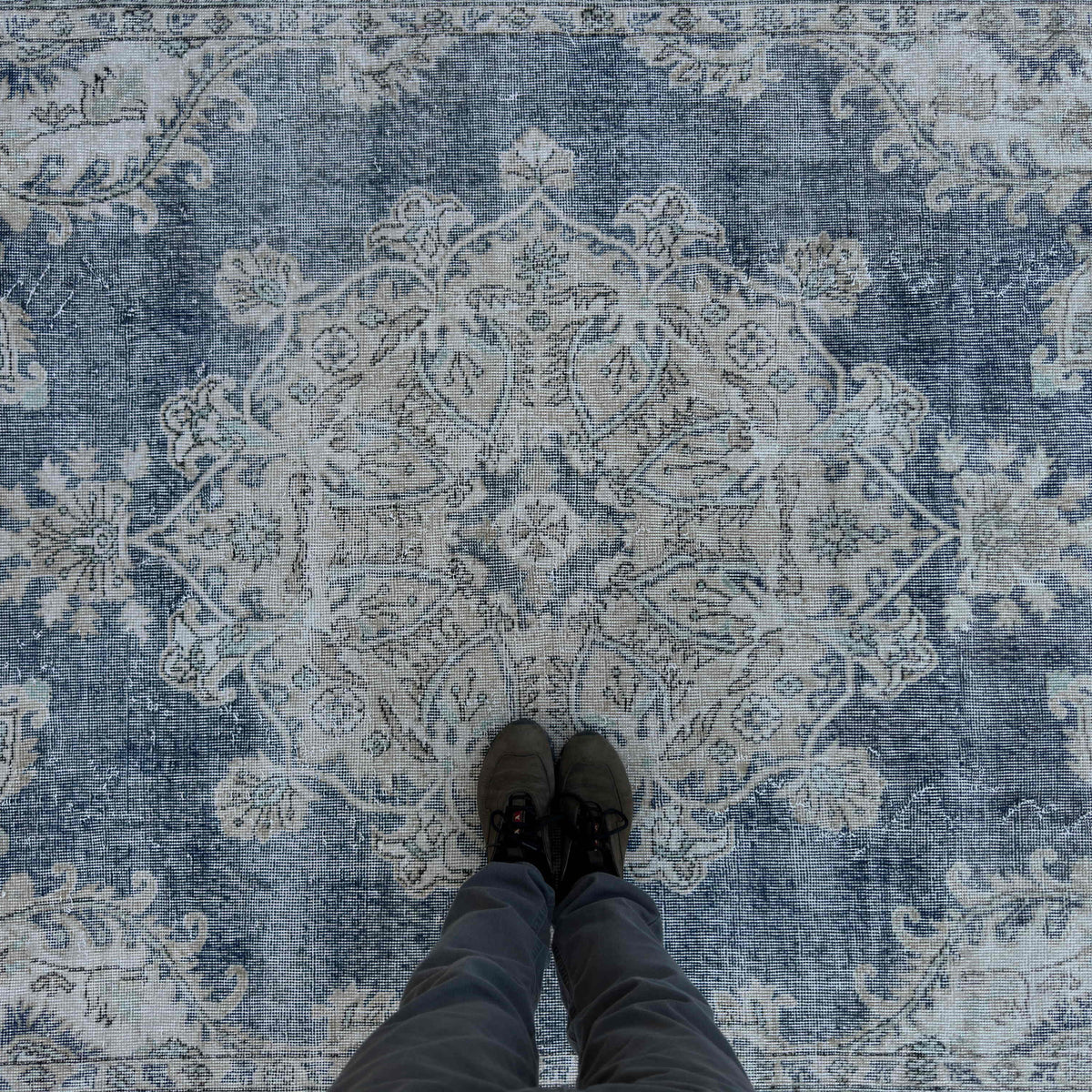 1970s beige vintage turkish rug with neutral and medallion design, hand-knotted weave and low pile.