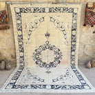 Blue 7' x 11' vintage turkish rug with neutral design, handmade in Turkey – Romilly.