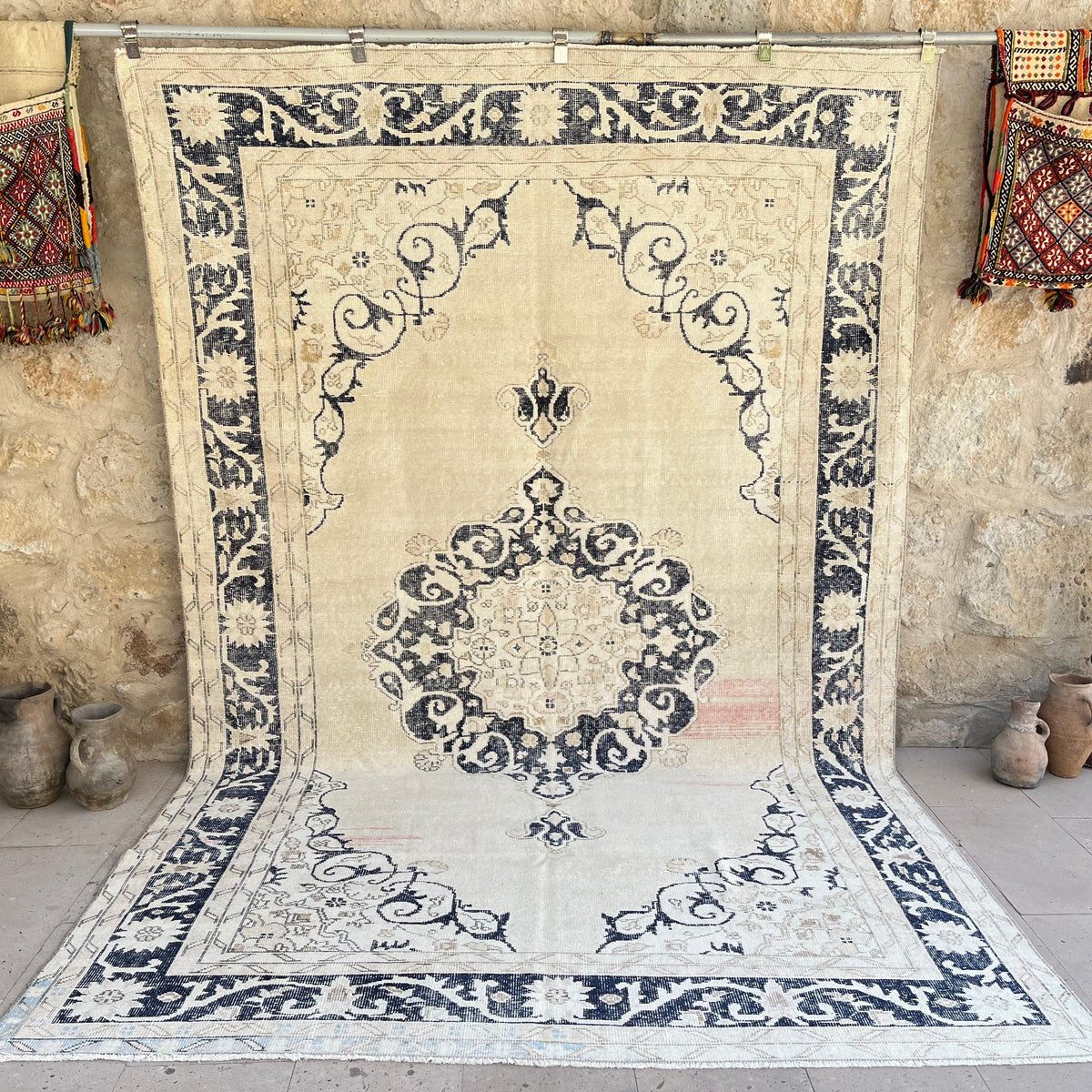 Blue 7' x 11' vintage turkish rug with neutral design, handmade in Turkey – Romilly.