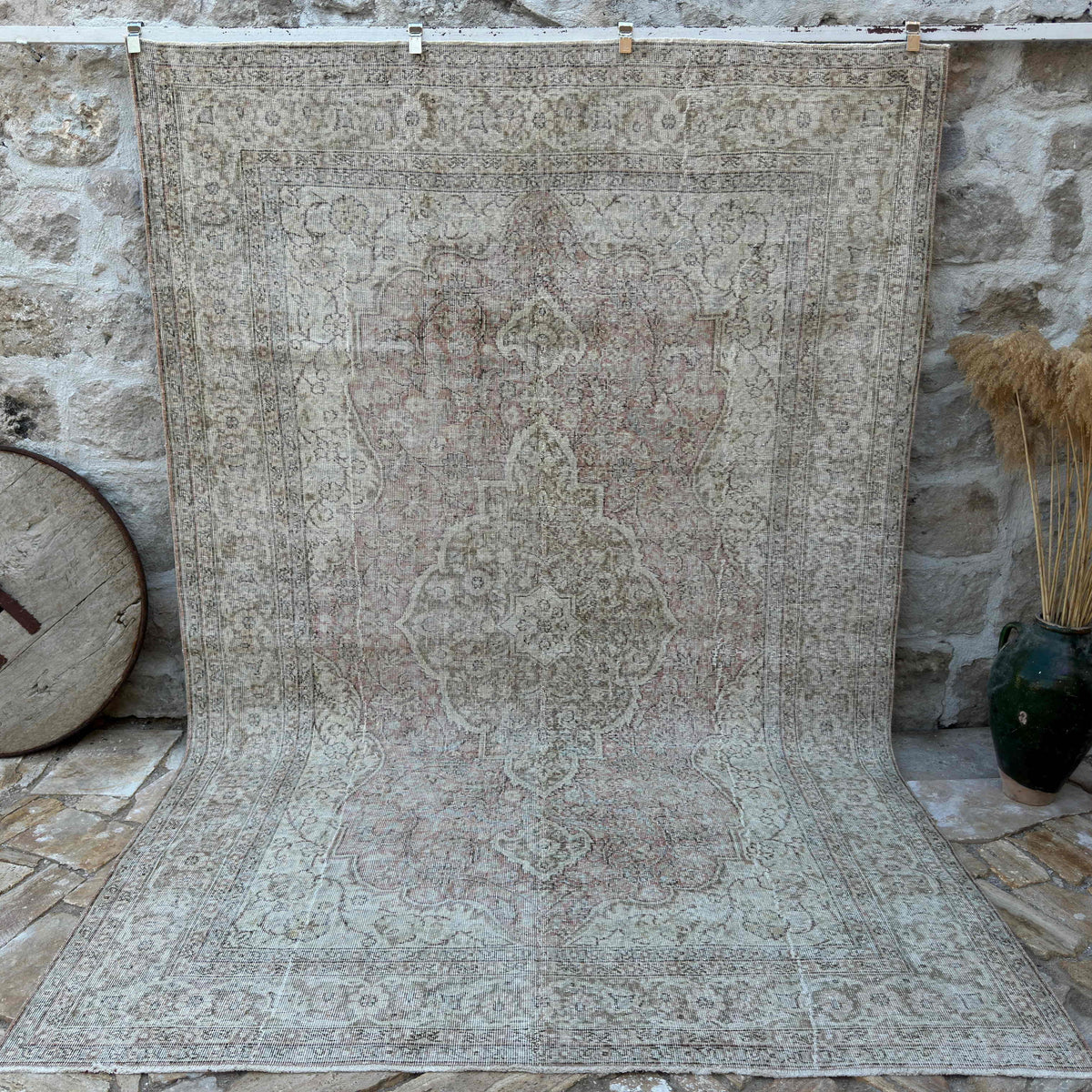 Pale Red 7' x 11' vintage turkish rug with neutral design, handmade in Turkey – Derwin.