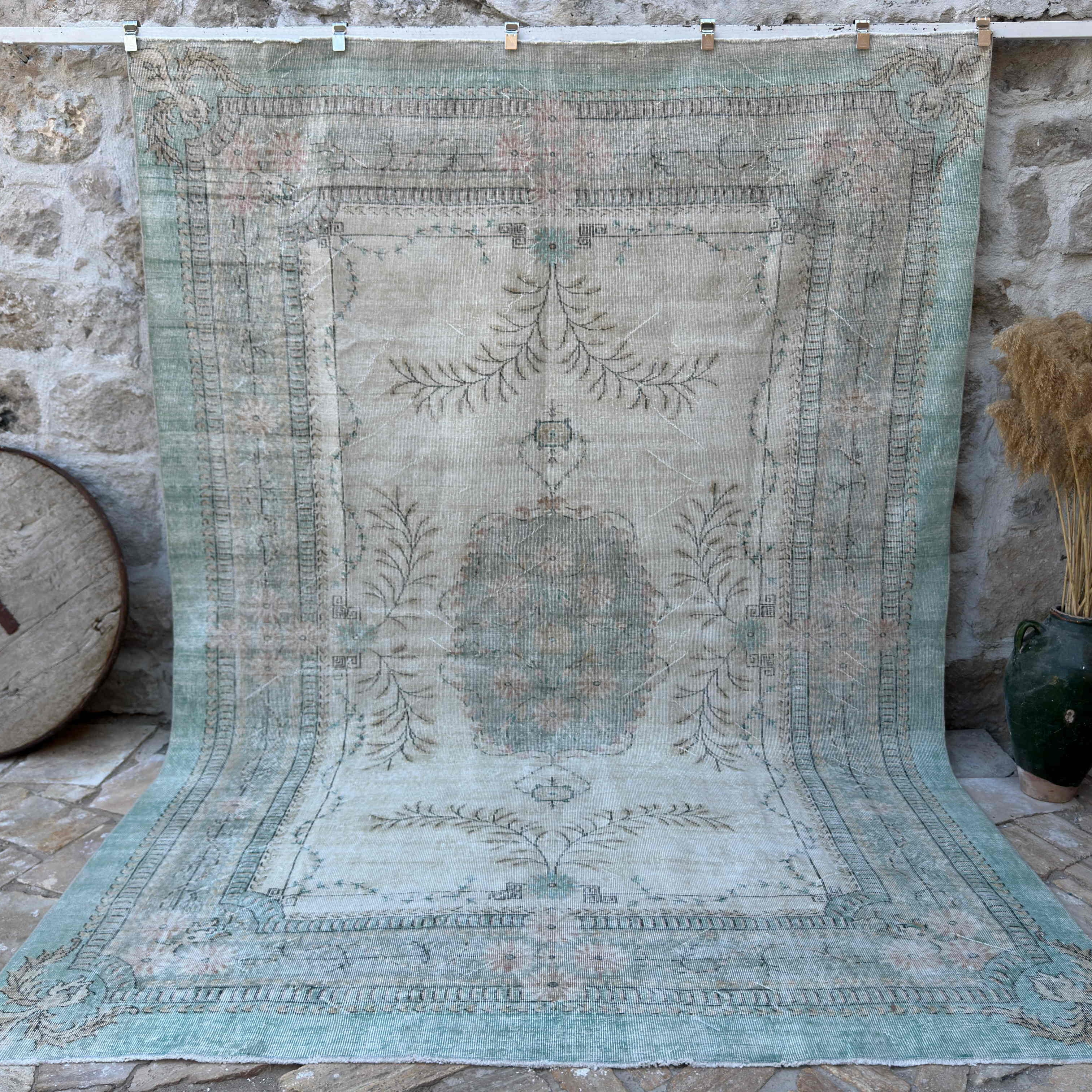 Green 8' x 11' vintage turkish rug with medallion design, handmade in Turkey – Luis.