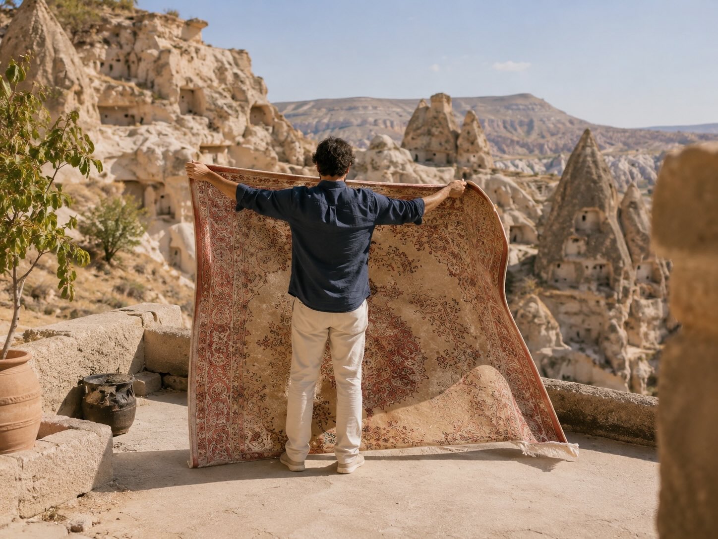 Man holding a large vintage Turkish hand-knotted rug open in the sun with Cappadocia's fairy chimneys and rocky landscape in the background