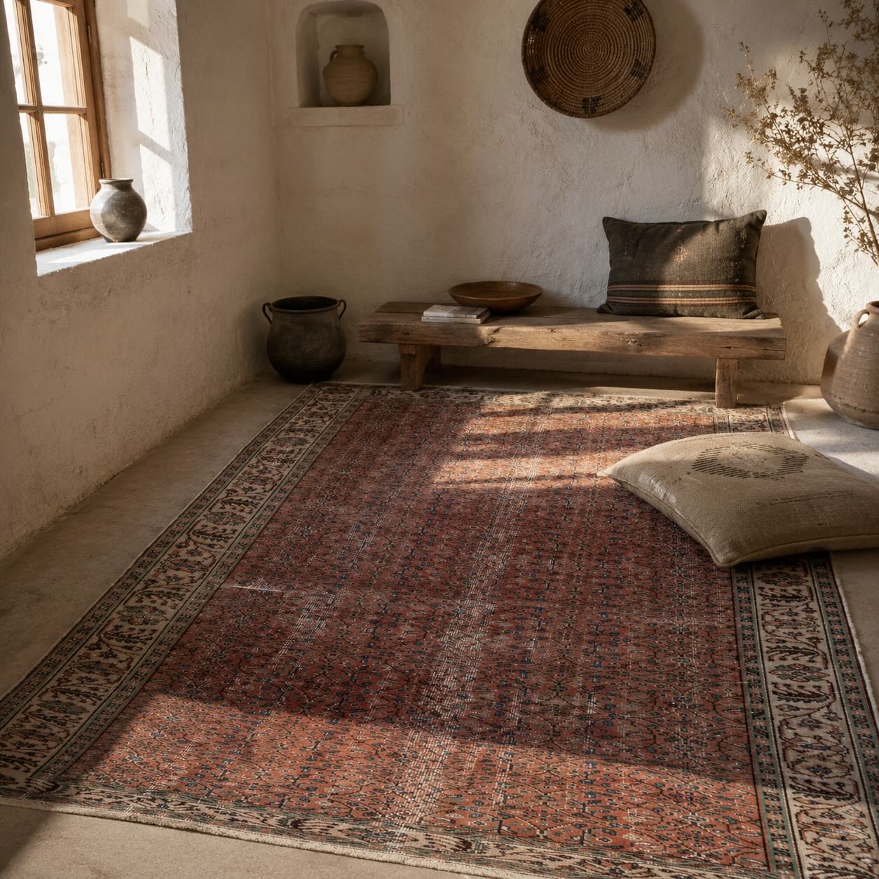 Deep terracotta red vintage Turkish rug with Anatolian geometric pattern in a whitewashed stone room with wooden bench and afternoon sunlight, showing natural abrash color variation and hand-knotted wool character of a piece hand-selected in Cappadocia