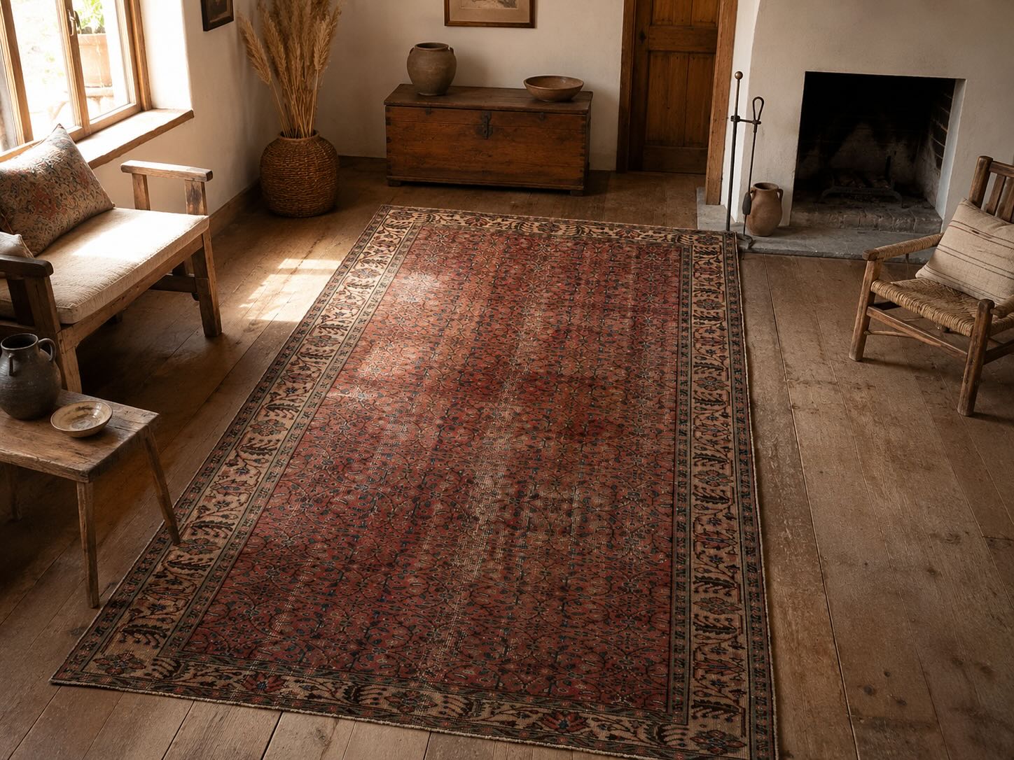 Red and blue vintage hand-knotted rug, Aron, with traditional Anatolian geometric motifs in a rustic living room