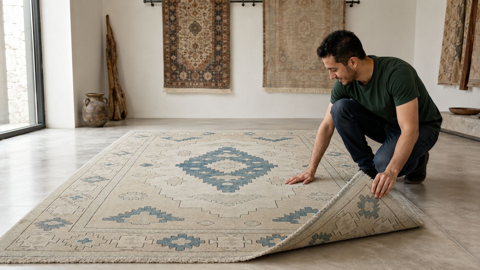 Kadir kneeling beside a cream and faded blue vintage Turkish rug spread across a gallery floor
