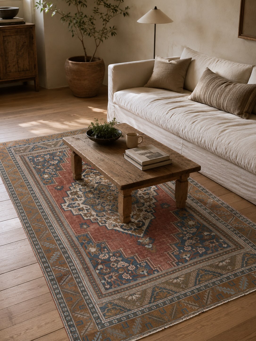 Tan and blue vintage hand-knotted Turkish rug, Faith, beneath a wooden coffee table in a modern living room