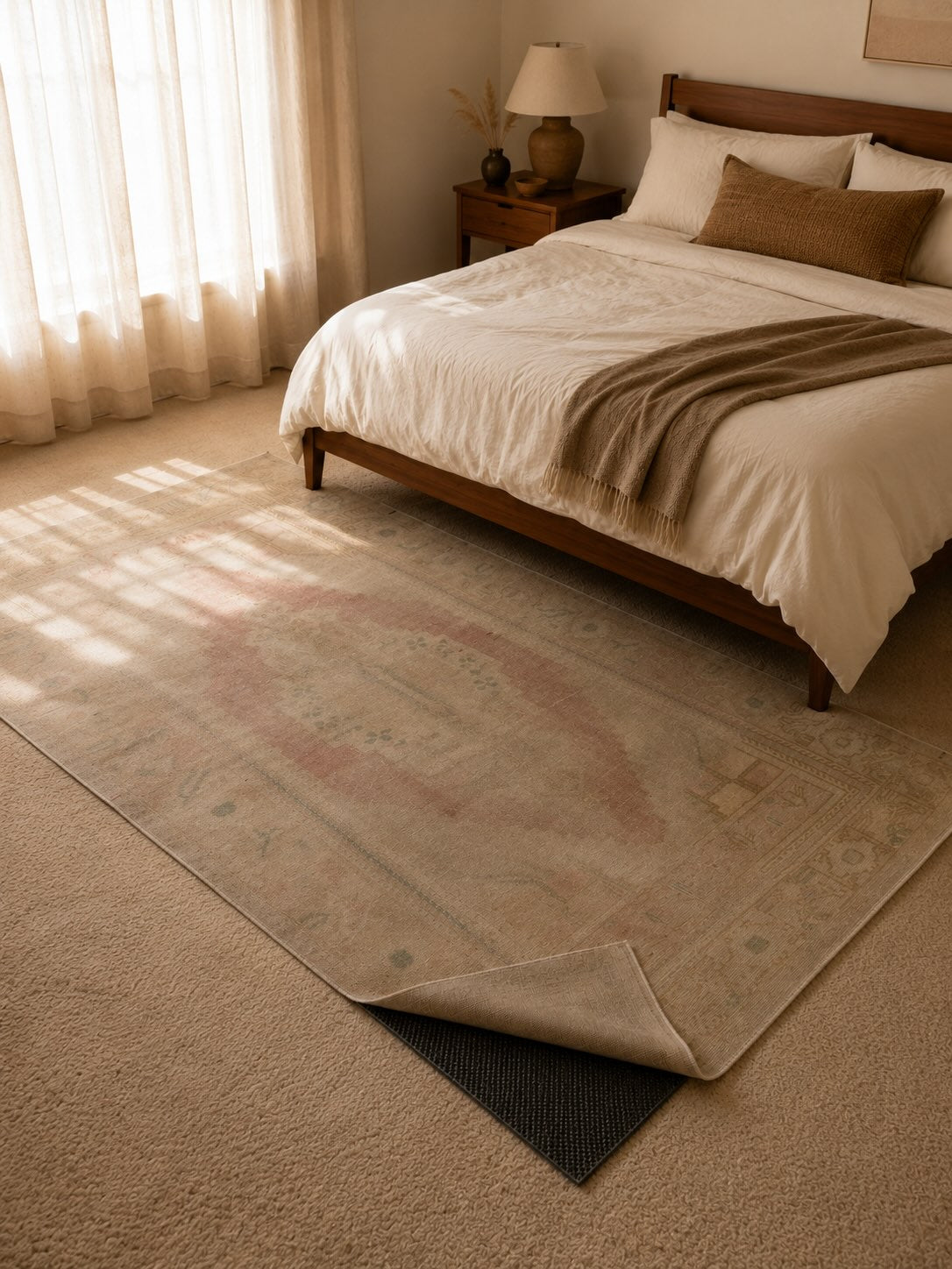 Corner of a muted vintage Turkish area rug folded back to reveal a dark non-slip rug pad underneath, placed over beige wall-to-wall carpet in a sunlit bedroom beside a wooden bed frame