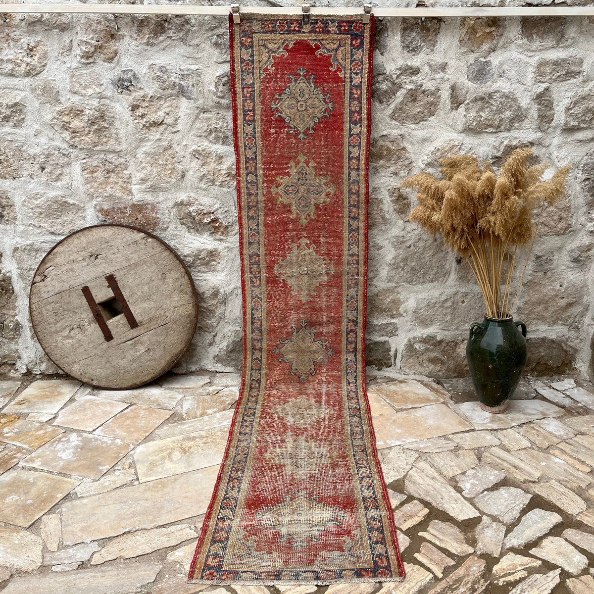 Red 2' x 11' vintage turkish runner rug with geometric design, handmade in Turkey – Lilian.