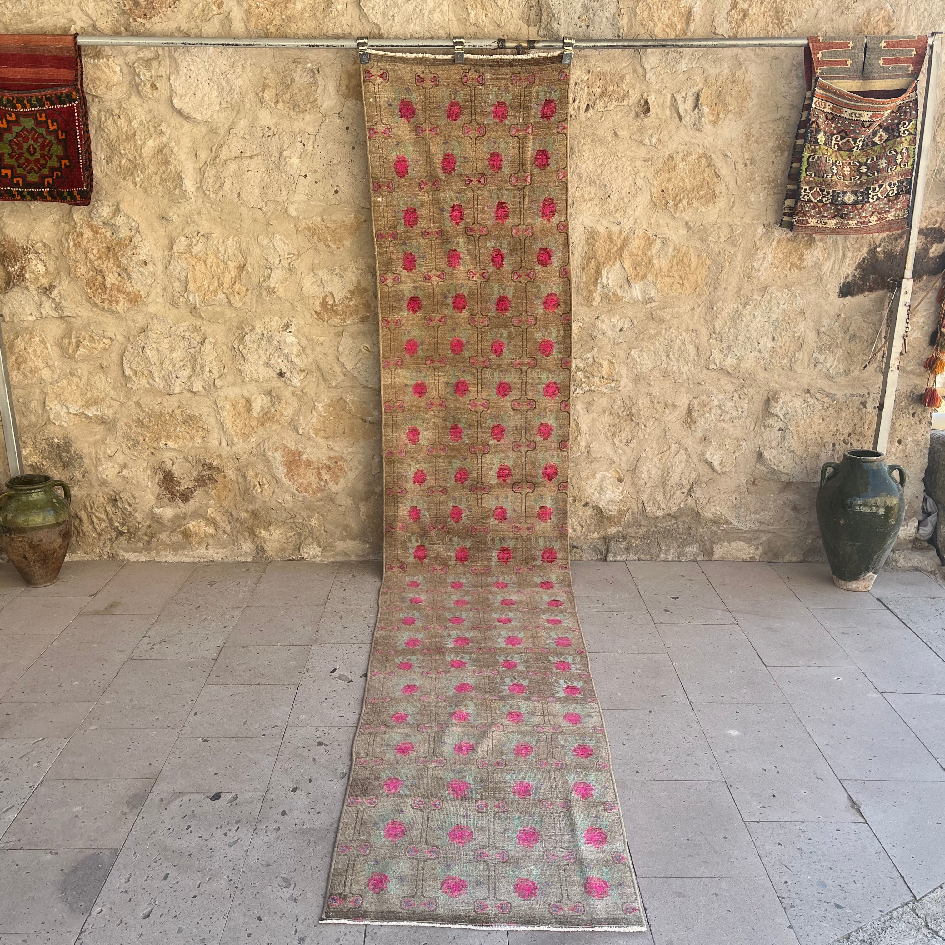 Brown 2' x 13' vintage turkish runner rug with floral design, handmade in Turkey – Zaynab.