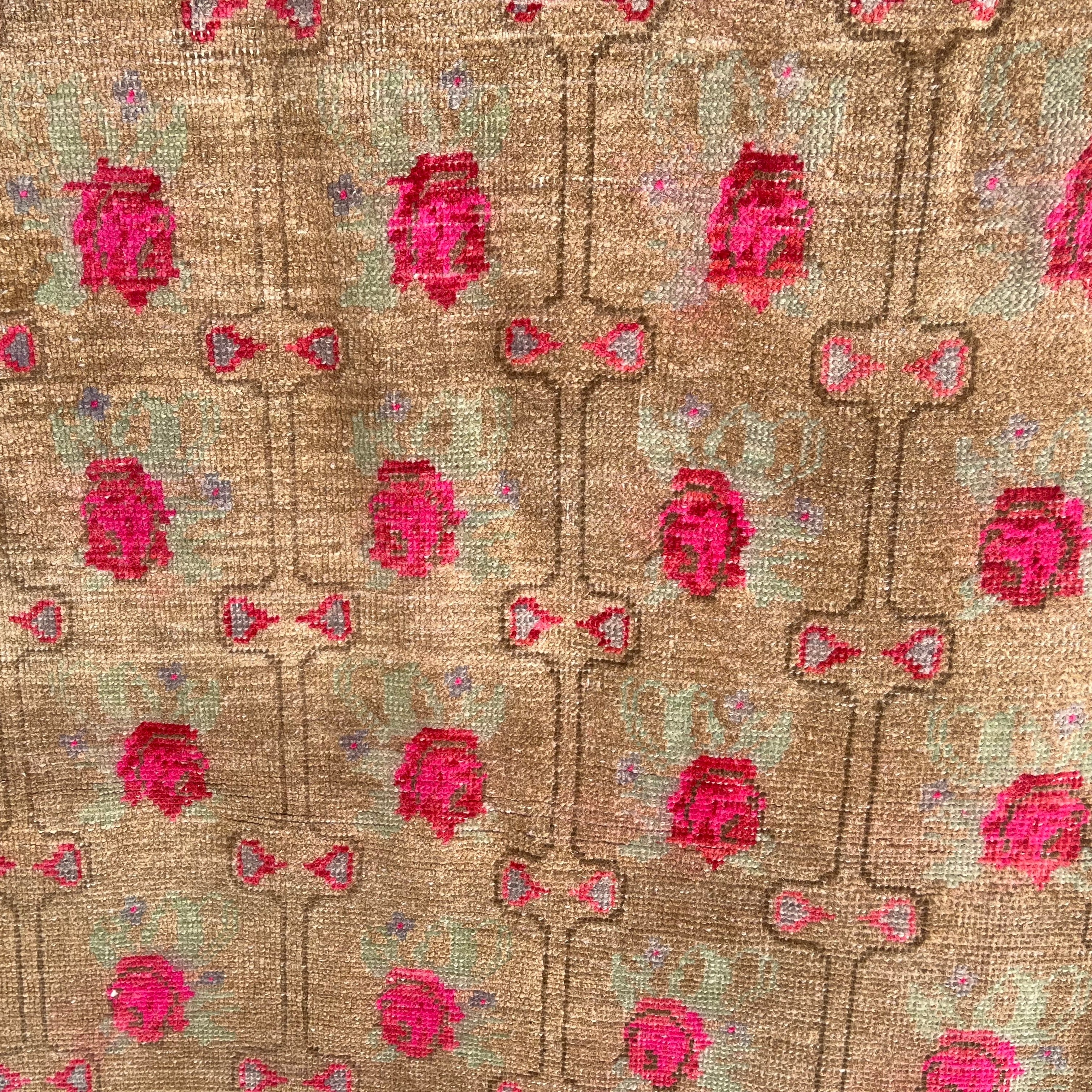 Brown 2' x 13' vintage turkish runner rug in wool and cotton, shown on the floor.