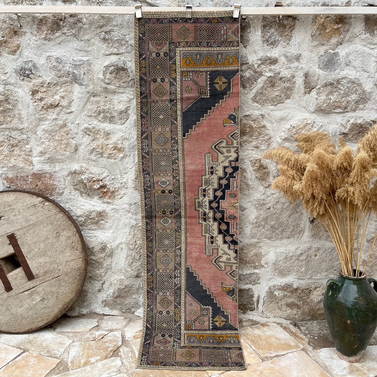 Pink 2' x 8' vintage turkish runner rug with traditional design, handmade in Turkey – Hampton.