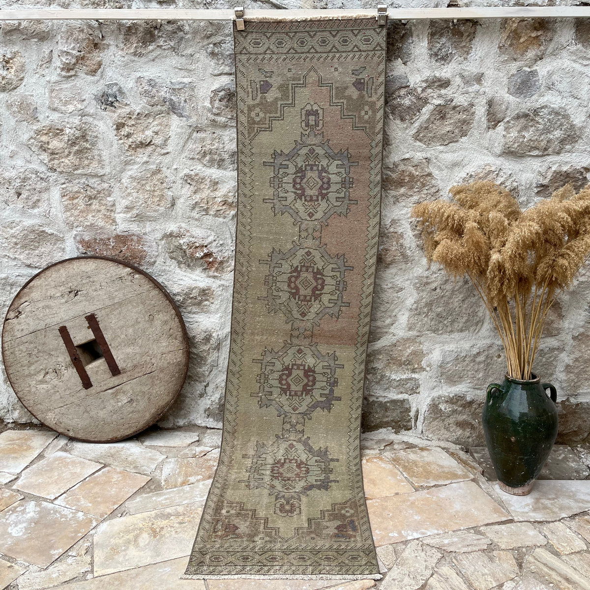 Beige 2' x 9' vintage turkish runner rug with traditional design, handmade in Turkey – Harding.