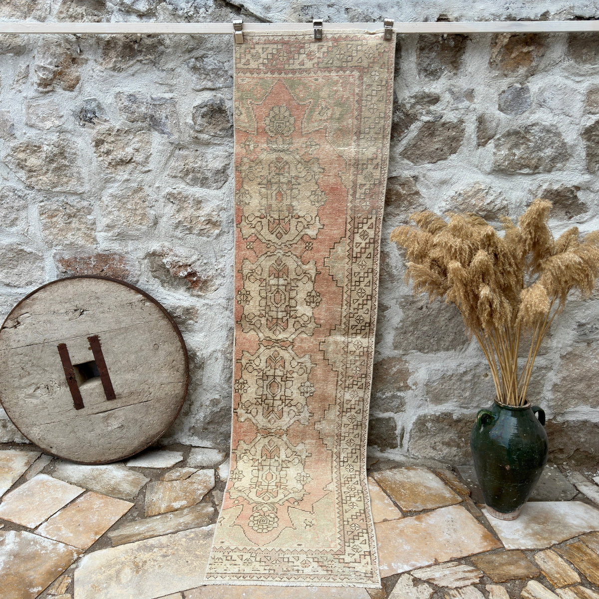 Pale Red 2' x 9' vintage turkish runner rug with traditional design, handmade in Turkey – Clover.