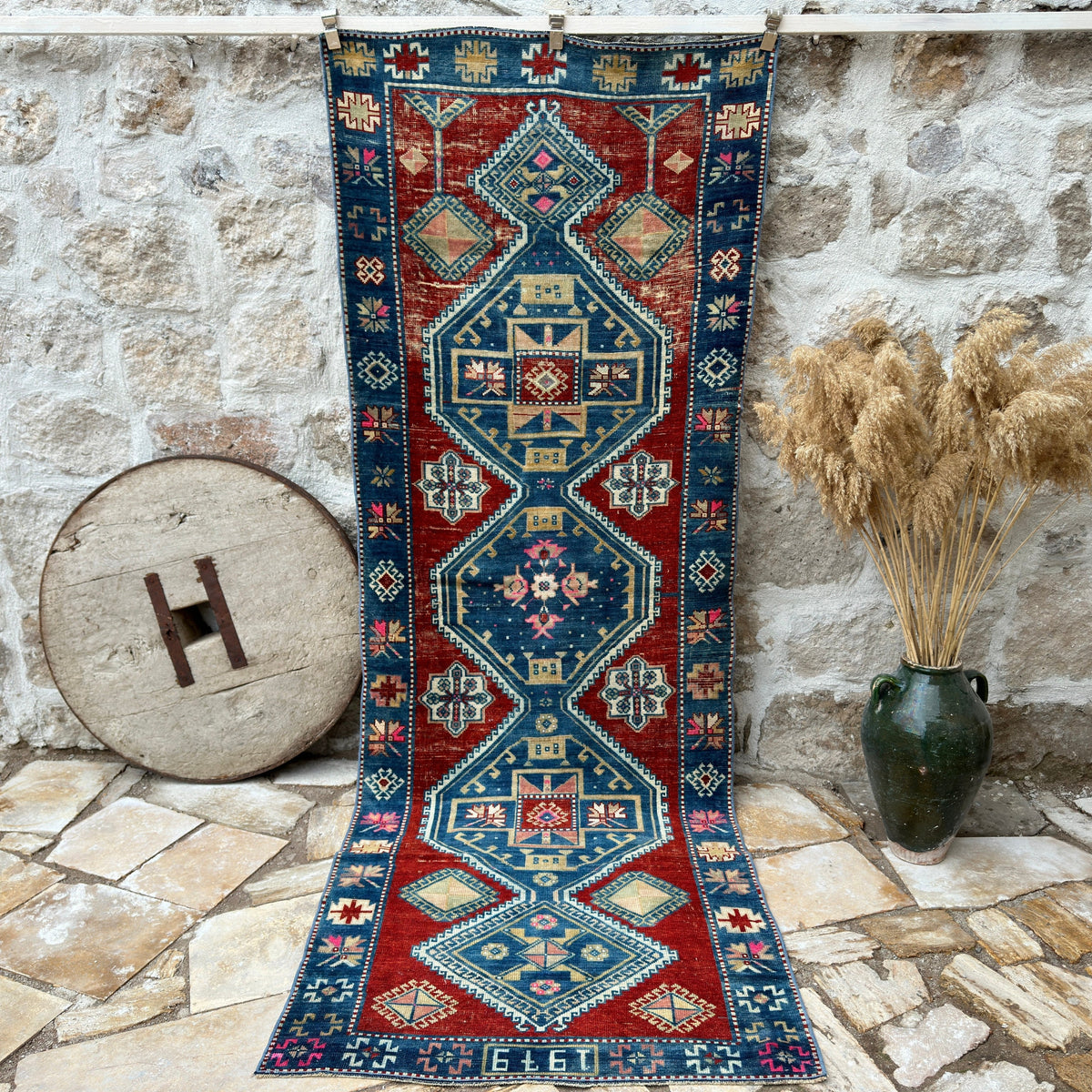 Blue 3' x 10' vintage turkish runner rug with oushak design, handmade in Turkey – Paige.