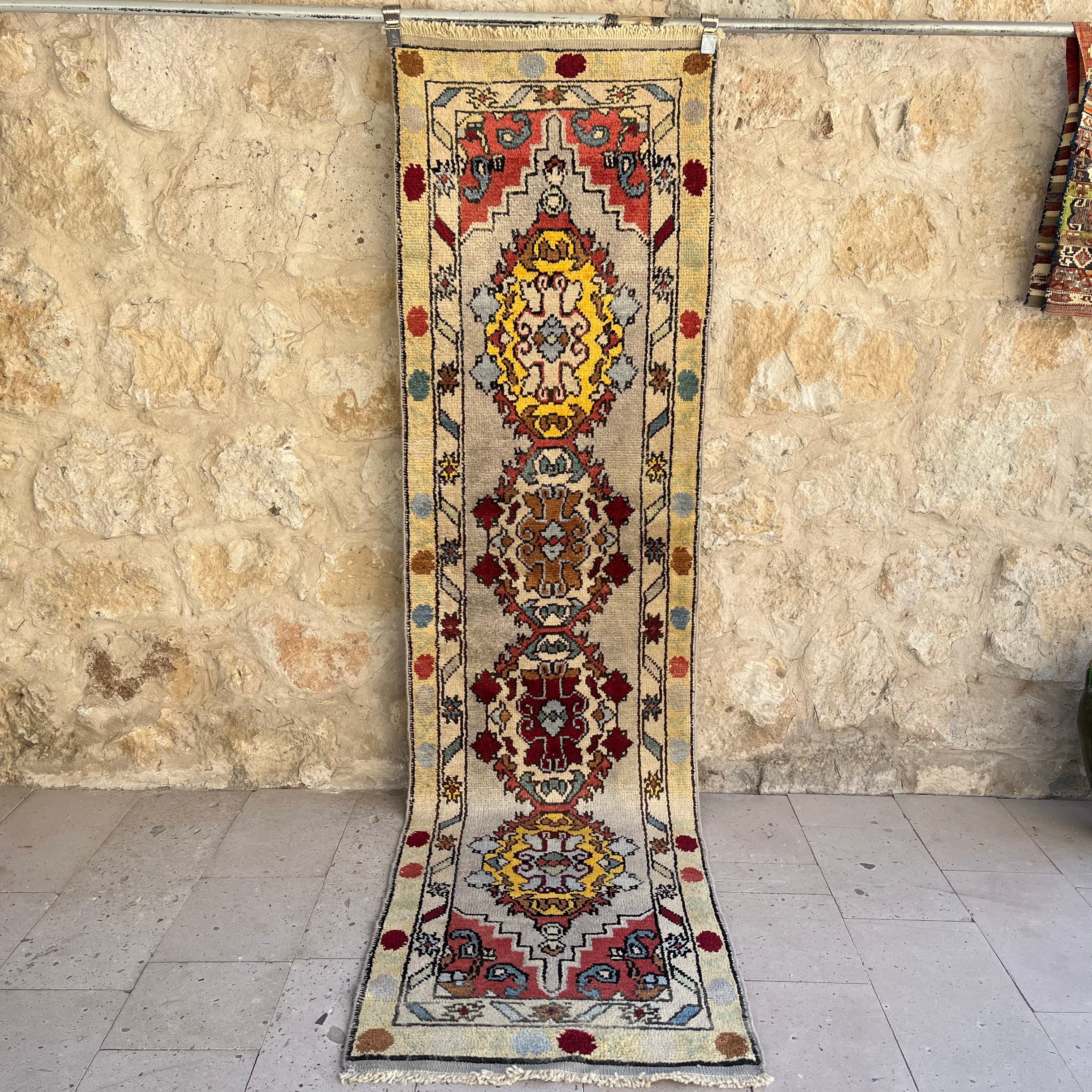 Gray 3' x 10' vintage turkish runner rug with oushak design, handmade in Turkey – Sahib.