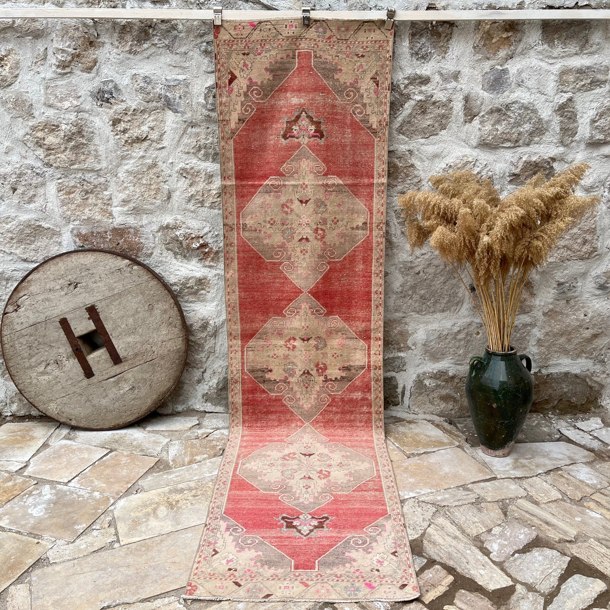 Pale Red 3' x 10' vintage turkish runner rug with traditional design, handmade in Turkey – Keegan.