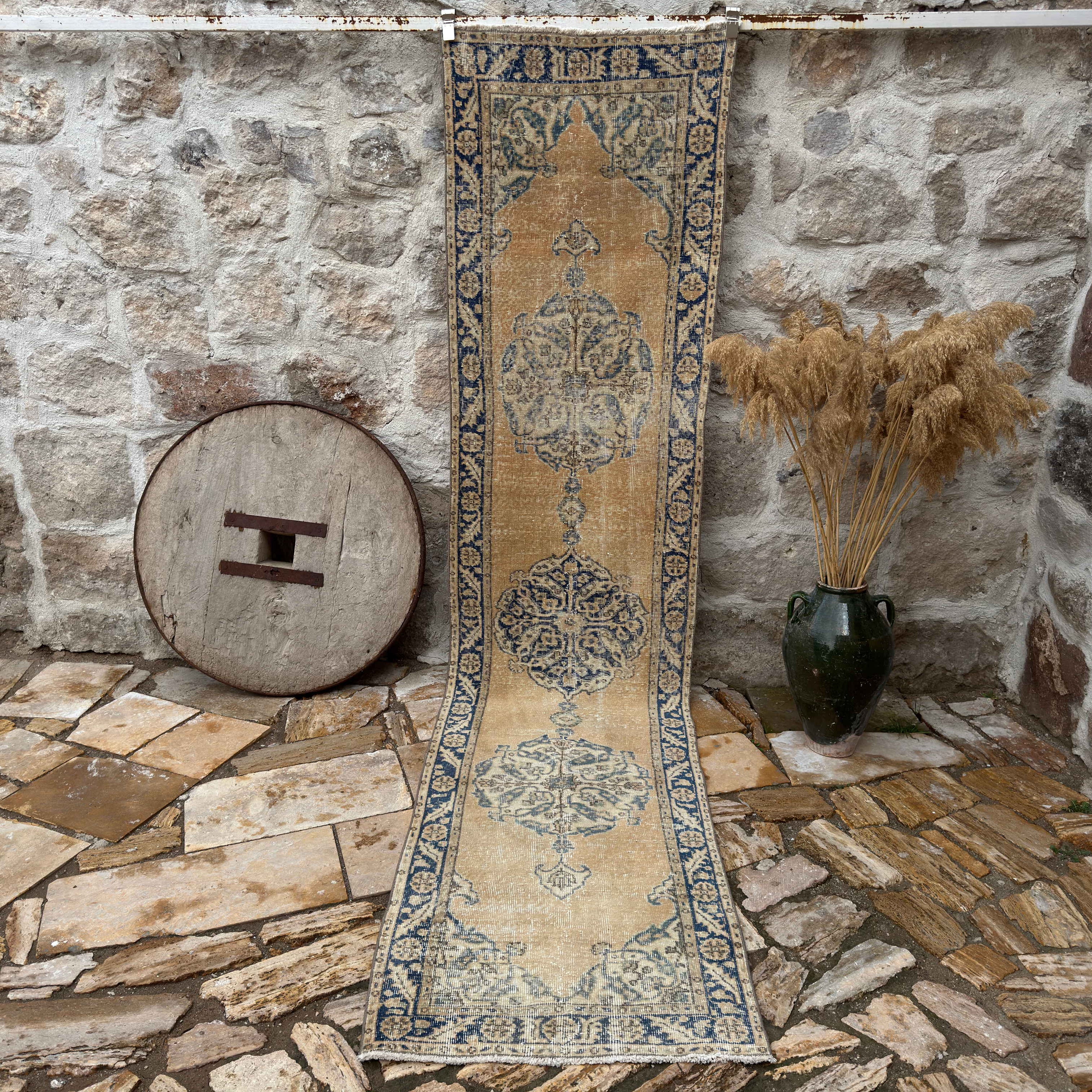 Pale Yellow 3' x 11' vintage turkish runner rug with medallion design, handmade in Turkey – Sara.