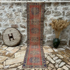 Red 3' x 11' vintage turkish runner rug with traditional design, handmade in Turkey – Earla.