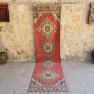 Red 3' x 11' vintage turkish runner rug with traditional design, handmade in Turkey – Ford.