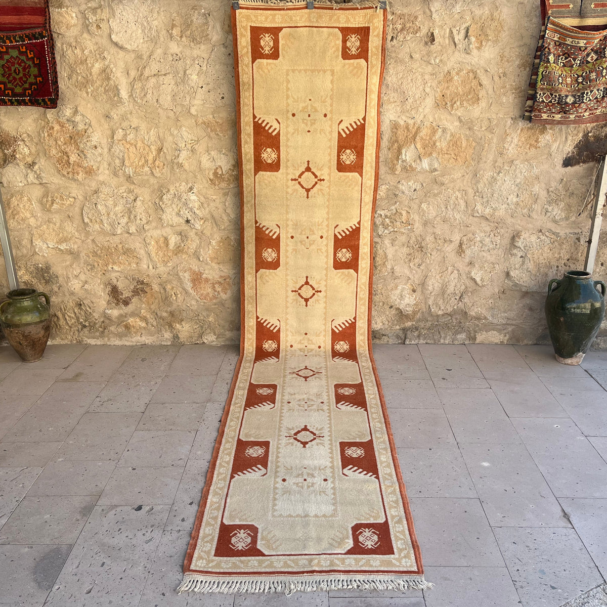 Beige 3' x 13' vintage turkish runner rug with traditional design, handmade in Turkey – Ocean.