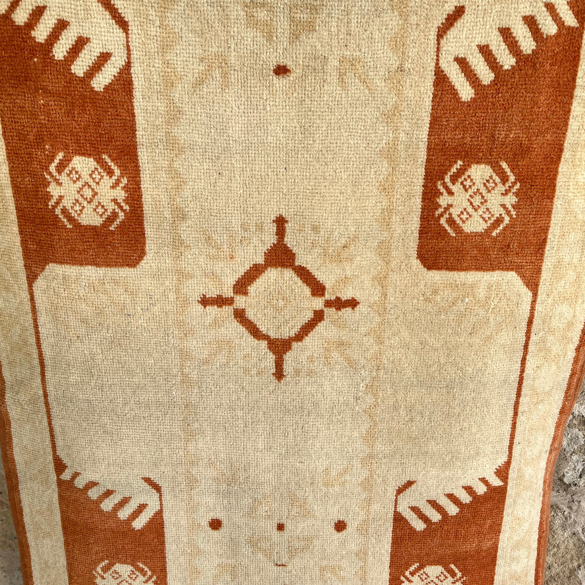 Beige 3' x 13' vintage turkish runner rug in wool and cotton, shown on the floor.