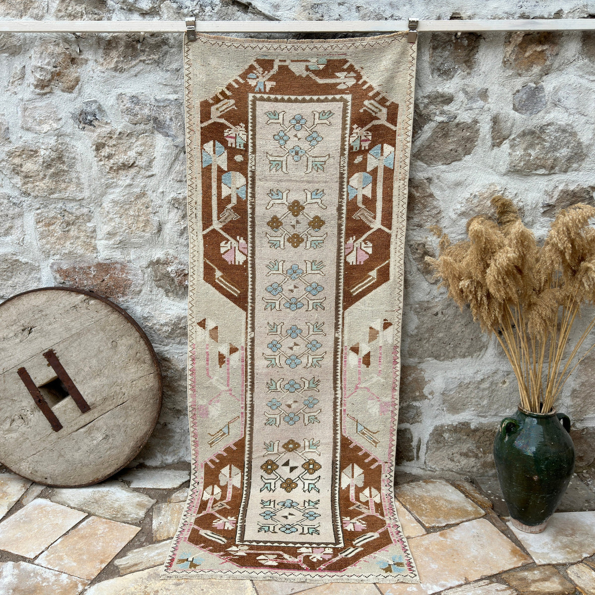 Pale Pink 3' x 8' vintage turkish runner rug with traditional design, handmade in Turkey – Nell.