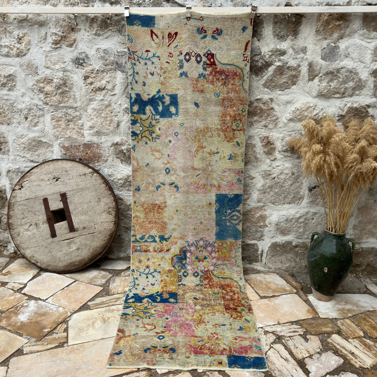 Blue 3' x 9' vintage turkish runner rug with oushak design, handmade in Turkey – Moxie.
