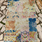 1970s blue vintage turkish runner rug with oushak design, hand-knotted weave and low pile.