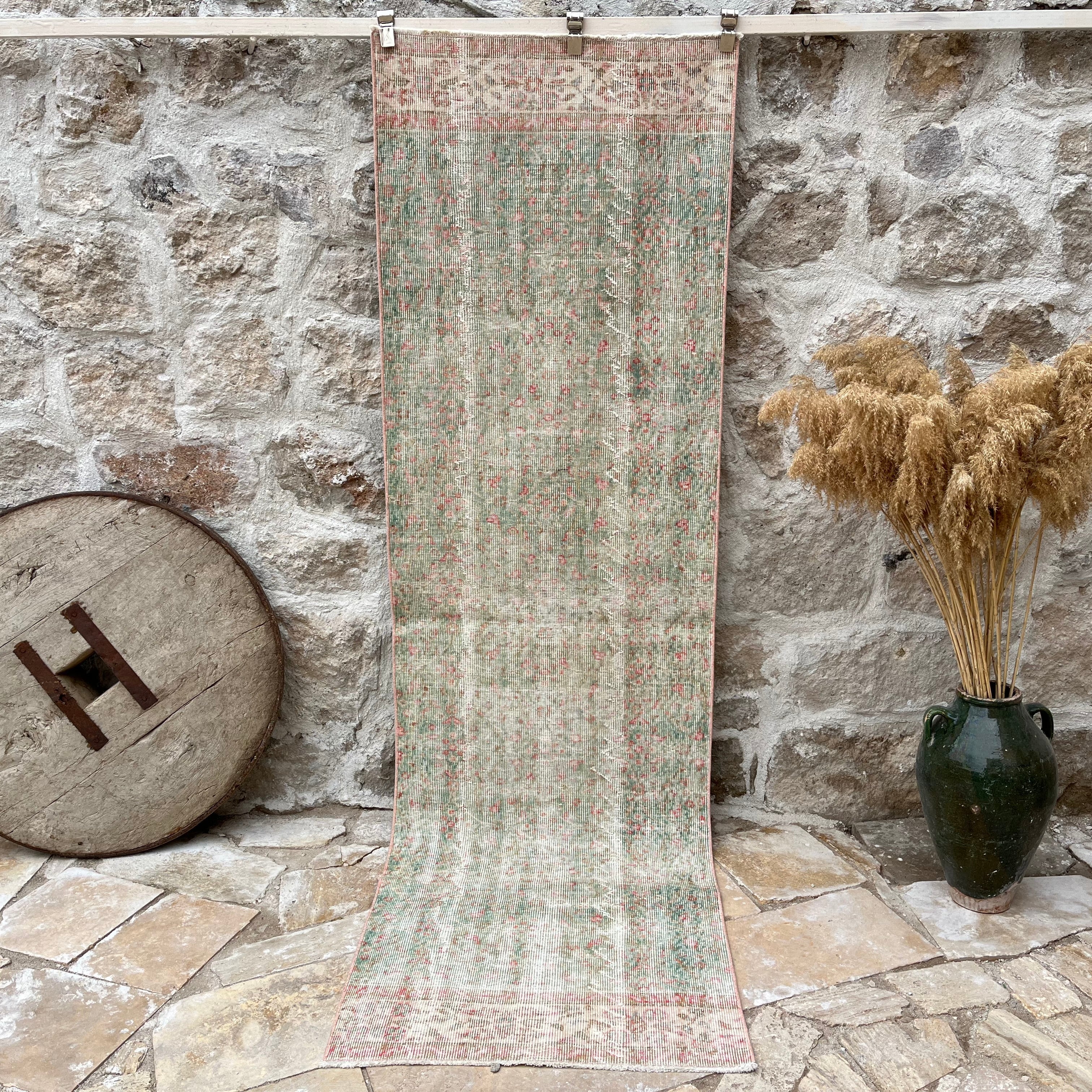 Green 3' x 9' vintage turkish runner rug with floral design, handmade in Turkey – Rivera.