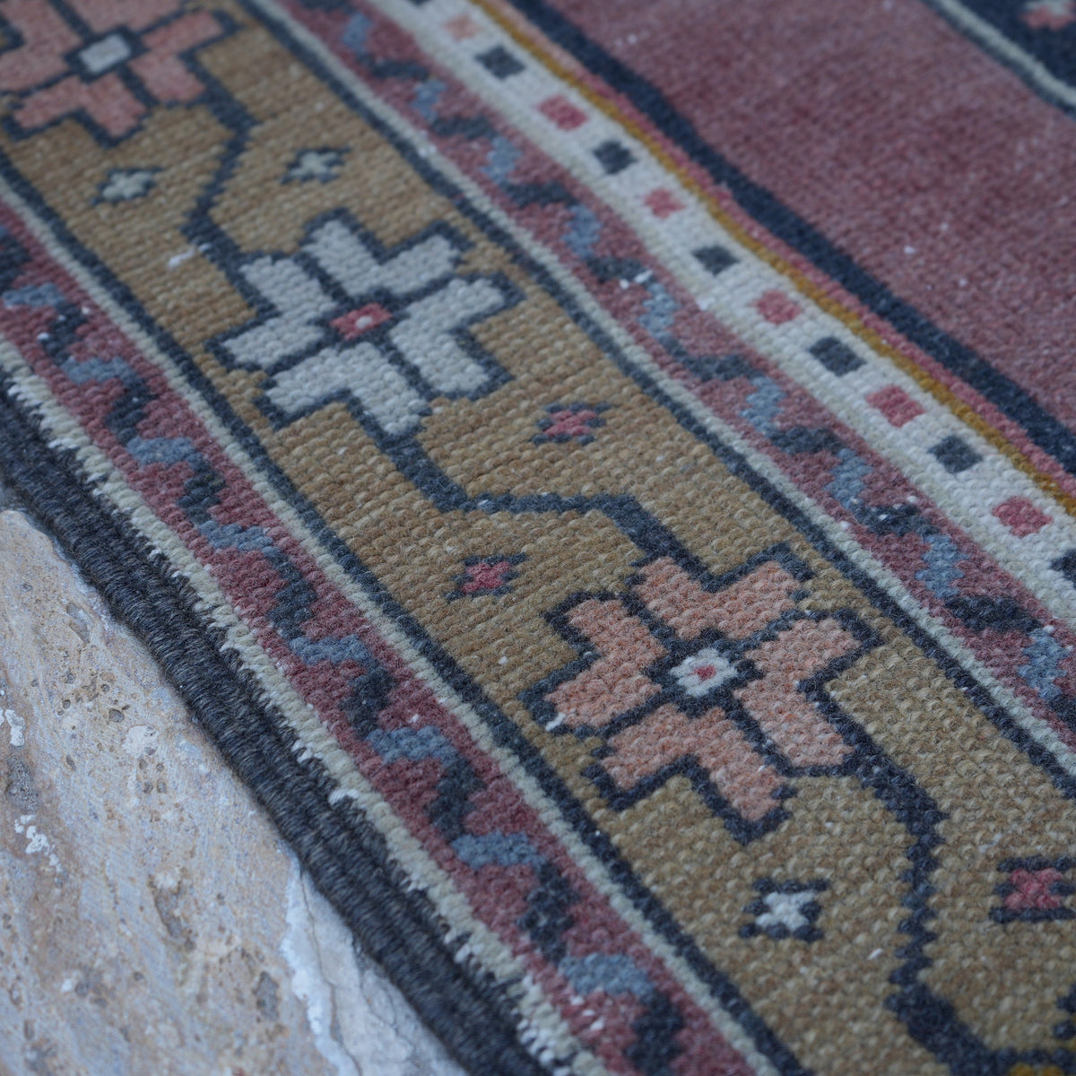 Pale Purple 4' x 10' vintage turkish runner rug in wool and cotton, shown on the floor.