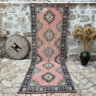 Pink 4' x 11' vintage turkish runner rug with traditional design, handmade in Turkey – Miah.