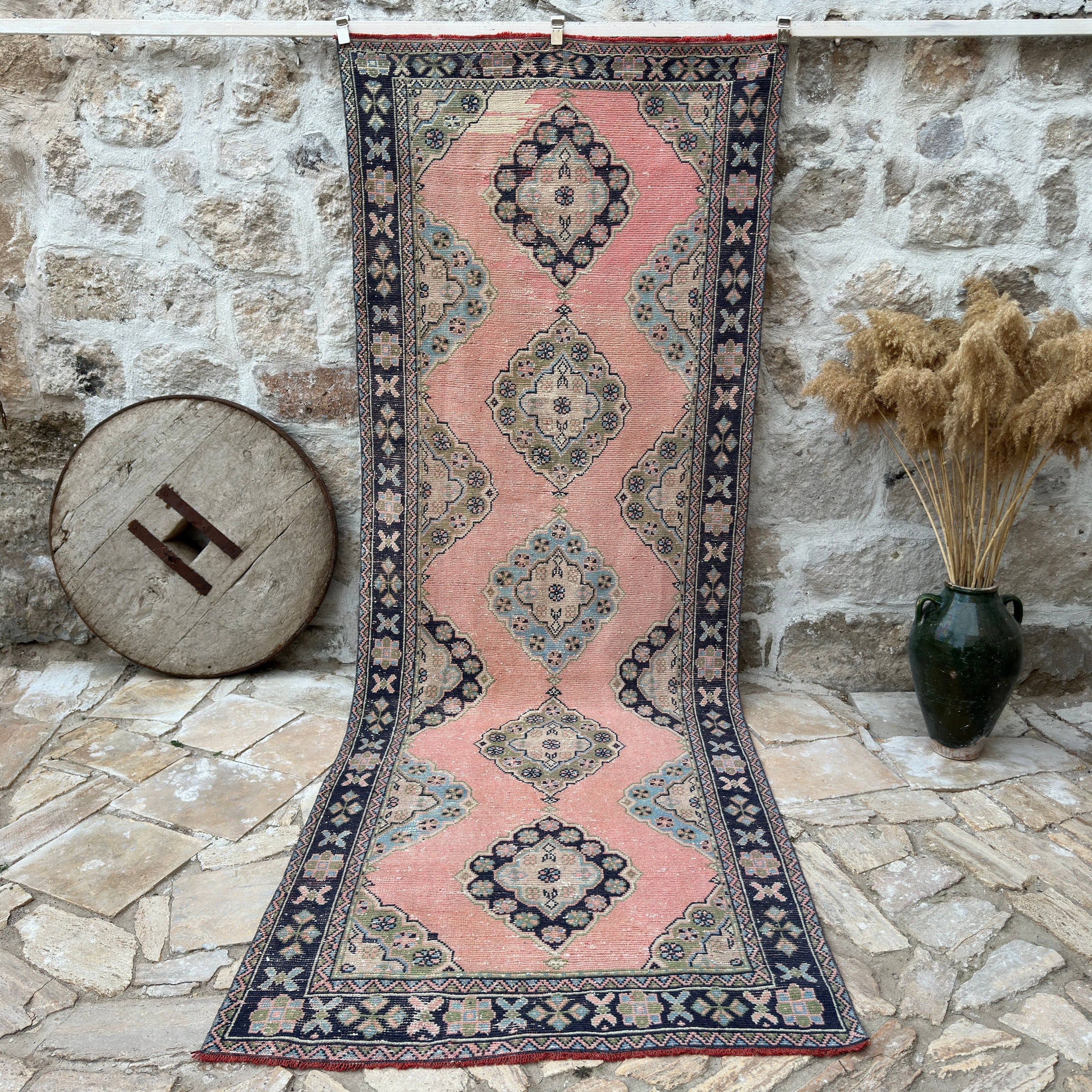 Pink 4' x 11' vintage turkish runner rug with traditional design, handmade in Turkey – Miah.